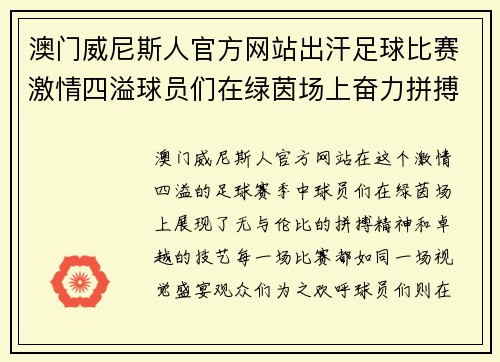 澳门威尼斯人官方网站出汗足球比赛激情四溢球员们在绿茵场上奋力拼搏展现风采