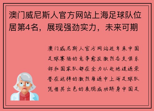 澳门威尼斯人官方网站上海足球队位居第4名，展现强劲实力，未来可期